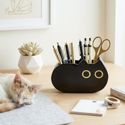 MALLMALL6 Black Cat Pencil Holder - Back to School Wooden Pen Holder, 2 Compartments Kitten Shaped Caddy Case Gifts for Kid Students Pet Lover, Desktop Storage Organizer for Classroom Office Decor - style: Black Cat