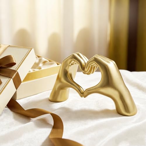 Gold Hand Heart Sculpture Home Decor for Living Room Bedroom Office Large | Resin Heart Gesture Statue Gifts Merch for Women Girls Wedding Birthday Love Finger Statue for Shelf Bookshelf Coffee Table - size: Large