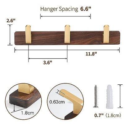 Wall Mounted Coat Rack, Entryway Hanging Coat Rack, Metal Wood Coat Rail with 3 Rustic Hooks Rail for Coat, Scarf, Bag, Towel, Key, Cap, Hat, Walnut Gold Matt - size: 3 Hooks - Curve Shape