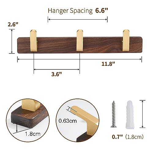 Wall Mounted Coat Rack, Entryway Hanging Coat Rack, Metal Wood Coat Rail with 3 Rustic Hooks Rail for Coat, Scarf, Bag, Towel, Key, Cap, Hat, Walnut Gold Matt - size: 3 Hooks - Curve Shape