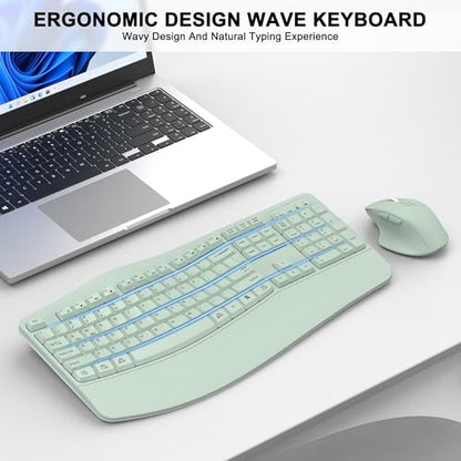Wireless Keyboard and Mouse Combo, 2.4G Full Size Wave Keys Ergonomic Keyboard with Wrist Rest and 3-Level DPI Adjustable Wireless Ergonomic Mouse for Windows, Mac OS Desktop/Laptop/PC(Avocado Green) - color: Green