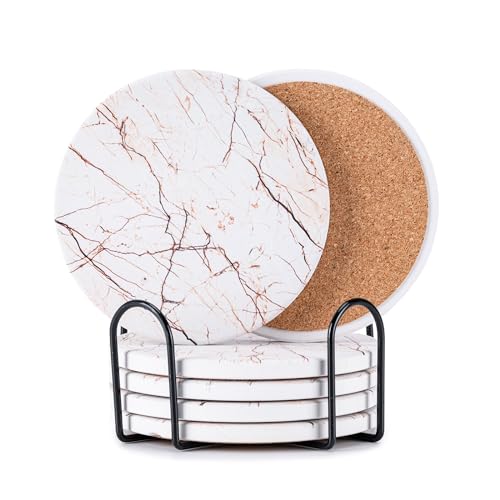 Hoewina 6Pcs Drink Coasters with Holder, Marble Style Ceramic Drink Coaster, Absorbent Coasters Set Suitable for Kinds of Cups, Modern Style Coasters for Coffee Table, 4 Inches（Natural） - color: Natural Style
