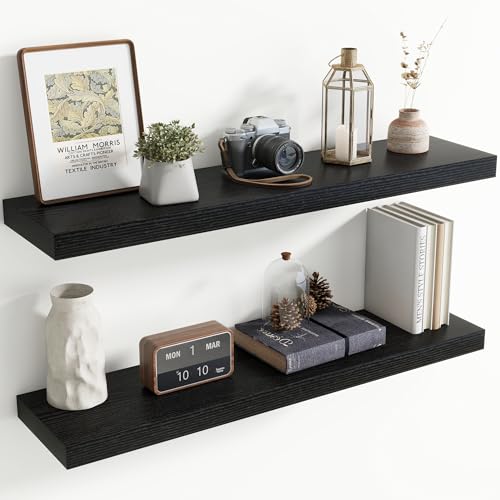 40 Inch Floating Shelves for Wall, 8 Inch Deep Floating Shelf for Storage & Display, Rustic Wall Mounted Shelf with Invisible Brackets for Living Room, Kitchen, Bathroom, Home Decor, Set of 2, Black - color: Black, size: 40 Inch, Set of 2