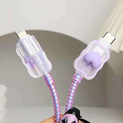 Compatible with iPhone 18W/20W USB-C Charger Cover Lovely 3D Love Heart Waves Clear Soft Charger Protector Cute Cable Saver for iPhone 11 12 13 14 Pro Max Fast Power Adapter, Purple 1 (5in1) - color: Purple 1 (5 in 1)