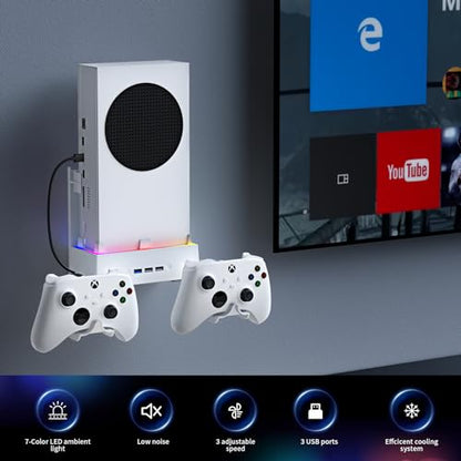 Allnice Wall Mount Cooling Stand for Xbox Series S Accessories, Xbox Series S Wall Mount Vertical Cooling Fan with RGB Light, 3 USB Ports, Adjustable Fans Speed, Controlle Holder