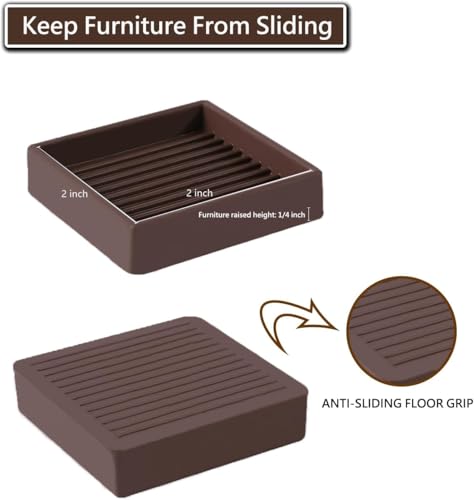 2x2 Non Slip Rubber Furniture Caster Cups for Hardwood Floors, Anti-Slip Square Furniture Coasters Pads Stopper Gripper Floor Protectors for Bed Couch Table - size: 12 Pcs Brown