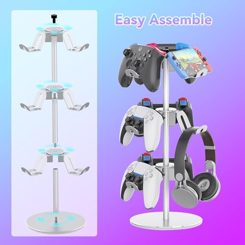 Controller Stand Compatible with Xbox PS5 PS4 Nintendo Switch Pro, 3 Tier Aluminum Gaming Headset Stand, Rotatable Headphone Controller Holder Organizer Rack, Universal & Large Capacity, Silver - color: Silver