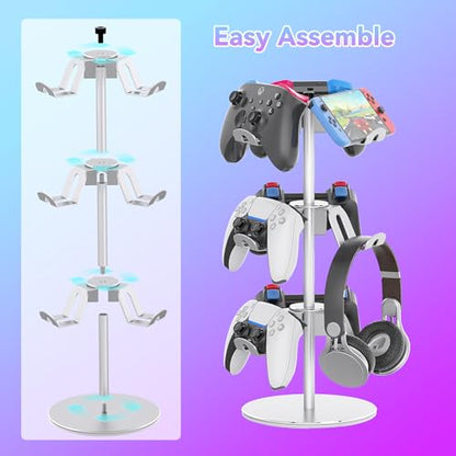Controller Stand Compatible with Xbox PS5 PS4 Nintendo Switch Pro, 3 Tier Aluminum Gaming Headset Stand, Rotatable Headphone Controller Holder Organizer Rack, Universal & Large Capacity, Silver - color: Silver