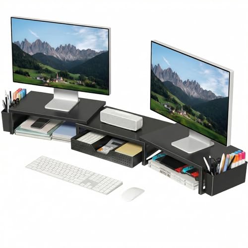 OPNICE Desk Organizers and Accessories, Dual Monitor Stand Riser with Drawer and 2 Pen Holders, Desk Shelf Wood Computer Racks for Office Workspace Organizers, Desktop Organization (Black Wood) - color: Black Wood