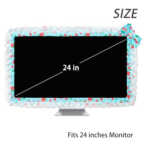 24-inch Cute Lace Fabric Monitor Cover with Elastic Pen Pocket & Bow-knot Design, Dust Protector for Computer/TV/LCD Screens - Blue - color: Blue & Cherry Strawberry