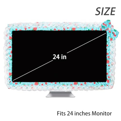 24-inch Cute Lace Fabric Monitor Cover with Elastic Pen Pocket & Bow-knot Design, Dust Protector for Computer/TV/LCD Screens - Blue - color: Blue & Cherry Strawberry