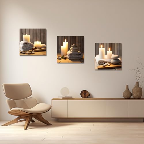 LZIMU Zen Canvas Wall Art 3 Panels Stone Candle and Bath Towel Picture Prints for SPA Meditation Room Bathroom Decor Framed (Zen-1, 12"x12"x3P) - size: 12"x12"x3P