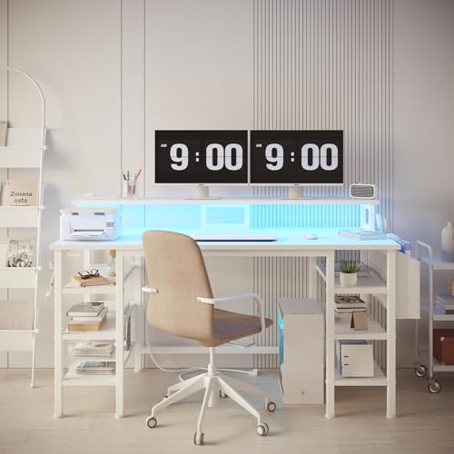 Lufeiya White Desk with Storage Shelves - 47 inch Home Office Gaming Desk with Monitor Stand, Computer Desk with LED Lights and Power Outlets, White - color: White