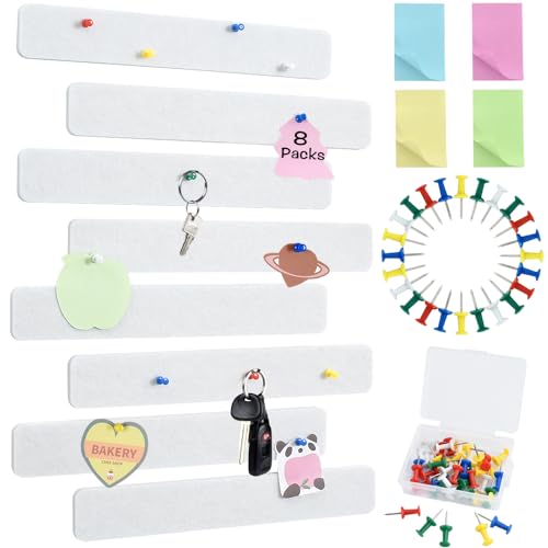 Vuzvuv 8Pcs White Cork Board Bar Strips with 50 Pushpins & Sticky Notes, Self-Adhesive Bulletin Board Strips No Damage for Wall, Felt Pin Board for Paste Notes, Photos, Schedules Office Decor - color: White