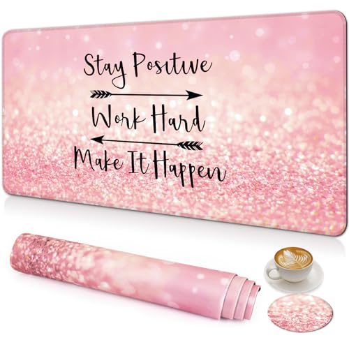 Large Gaming Mouse Pad with Coaster,Desk Matt for Desktop,Desk Mat-Pink | Desk Pad,XXL Cute Desk Mat Cover for Computer Keyboard Laptop Women Office Home Decor, 31.5'' x15.6'' - color: C1-Pink Words