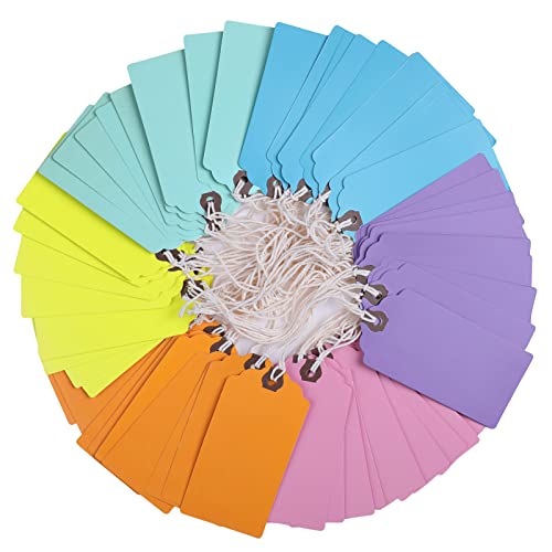 Outus 60 Pcs 4 3/4-in x 2 3/8-in Blank Large Paper Gift Tags with String and Reinforced Eyelet Wire Writable Price Tags Shipping Labels Inventory Labels(Macaron Color) - color: Macaron Color, size: Solid Style