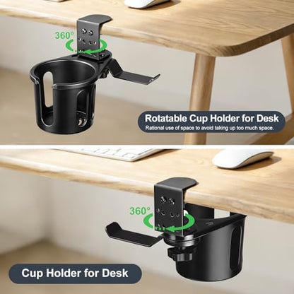 MYITYARD Desk Cup Holder Clamp, 2 in 1 Anti-Spill Clip On Table Cup Holder with Headphone Hanger, Rotatable Water Bottle Stand Drink Coffee Mug Storage, Office Accessories for Home and School - color: Black-1 with Headphone Hanger