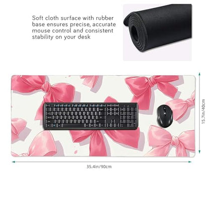 Extended Gaming Mouse Pad, Pink Bow Pattern, 35.4x15.7 Inches, Rubber, Rectangular, Anti-Slip Base, Stitched Edges - color: Bowknot