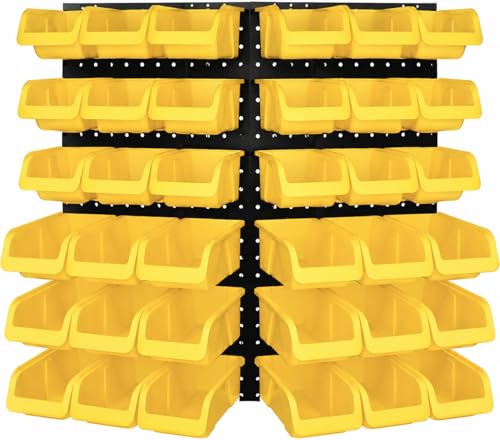 WALLPEG 36 Pack Pegboard Bin Kit – 18 Medium & 18 Large Yellow Peg Board Storage Bins | Parts Organizer for Garage, Workshop, Craft Room, Office & Workbench | Pegboard Accessory Organier | MADE IN USA