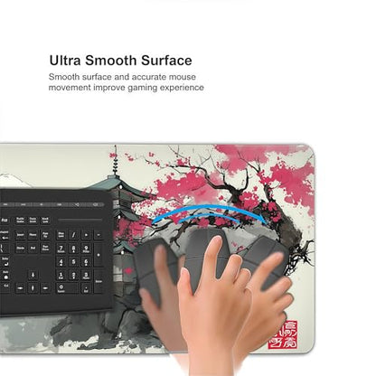 Japanese Pagoda Mouse Pad, Large Extended Gaming Desk Mat, Mount Fuji Cherry Blossom Design, Soft Cloth Surface with Rubber Base, 35.4in x 15.7in - color: Fuji Cherry Blossom