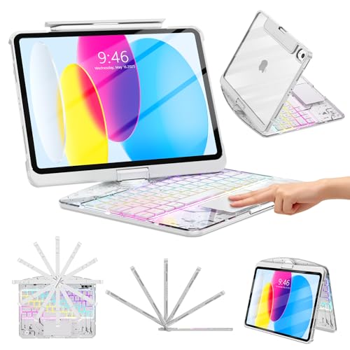 TSQQST Clear Wireless Keyboard Case for iPad (A16) 11th Generation 11-inch 2025/ iPad 10th Generation 10.9-inch 2022 with Pencil Holder & Multi-Touch Trackpad, 7-Color Backlit, 360 Rotatable, White - color: Clear+White, size: A16 11th/10th