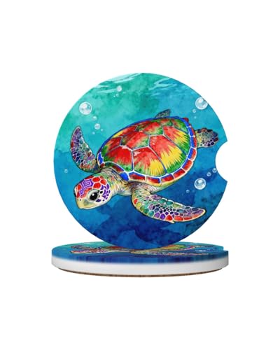 Car Cup Holder Coasters, 2 Pcs Ceramic Coasters with Finger Slot and Cork Back, Anti-Slip Shock Absorbing Women and Men Universal Car Accessories - Colorful Sea Turtle - color: Colorful Sea Turtle