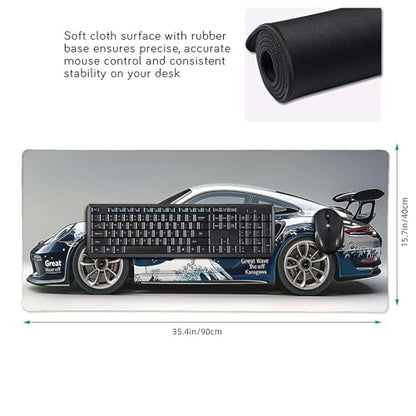 XXL Gaming Mouse Pad, Great Wave Racing Car Design, Non-Slip Rubber Base, Ultra Smooth Surface, Rectangular, 35.4 x 15.7 Inches - color: Great Wave Racing Car