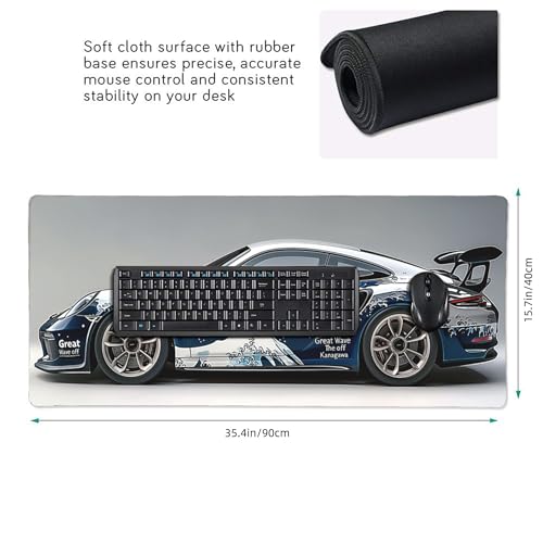 XXL Gaming Mouse Pad, Great Wave Racing Car Design, Non-Slip Rubber Base, Ultra Smooth Surface, Rectangular, 35.4 x 15.7 Inches - color: Great Wave Racing Car