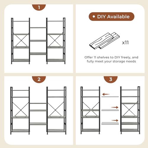 SUPERJARE Triple Bookshelf, Bookcase with 11 Open Display Shelves, Wide Book Shelf Book Case for Home & Office, 4 Tier, Grey - color: Grey, size: 4 Tier
