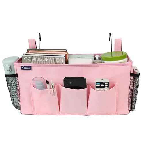 Surblue Bedside Organizer with Hook & Caddy Hanging Storage Bag with Adjustable Straps and Water Bottle Holder for Home, College, Dorm Bunk Bed & Crib Bed Rails Accessories, Pink - color: Pink
