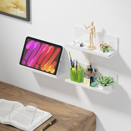 PAVSTINE Acrylic Wall Floating Shelves Set of 2, Wall Shelves White 12 Inch Adhesive Wall Organizer Adhesive Shelf for Bathroom, Kitchen, Bedroom, Office, Gaming Room, No Damage, No Drill - color: White