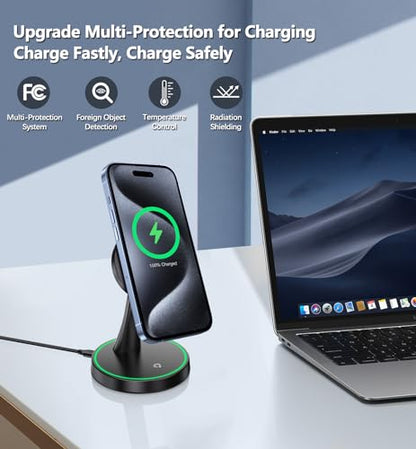 Magnetic Wireless Charger Stand 15W Fast Mag-Safe Charger for iPhone 17/17 pro/ 17 Air/ 17 pro max 16/15/14/13/12 Series Magnet Wireless Charging Station/Pad with Sleep-Friendly Light for AirPods - color: Black