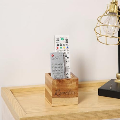 Remote Control Holder, Acacia Wooden Tv Remote Holder, Remote Holder for Table, Remote Control Storage Organizer Caddy (for 2 or 3 Remote Controls) 3.5 x3.5x3.5