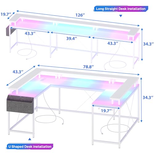 U Shaped Desk with Power Outlet & LED Lights, 79" Reversible Computer Desk with Monitor Stand, Wood Home Office Desks Gaming Desk with Shelving, Side Storage Pockets, White - color: White