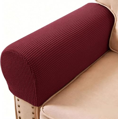 Sofa Couch Arm Chair Covers, Armrest Armchair Covers Stretch Recliner Slipcovers, Set of 2 (Wine Red) - color: Wine Red