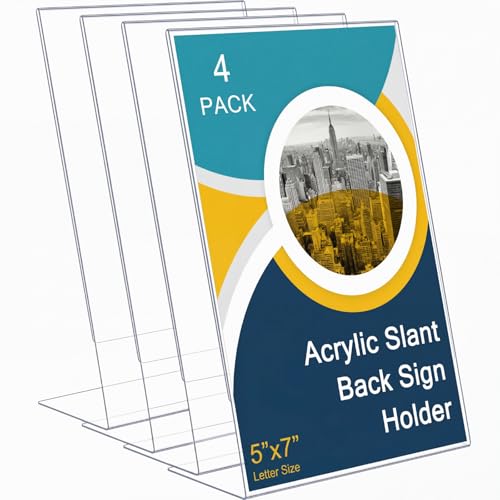Qilery 4 Pcs Acrylic Sign Holder Clear Display Stand Frame Table Top Slant Back Plastic Sign Holder Flyer Document for Menu Workers Teachers Office School Desktop (5 x 7 Inch) - size: 5 x 7 Inch