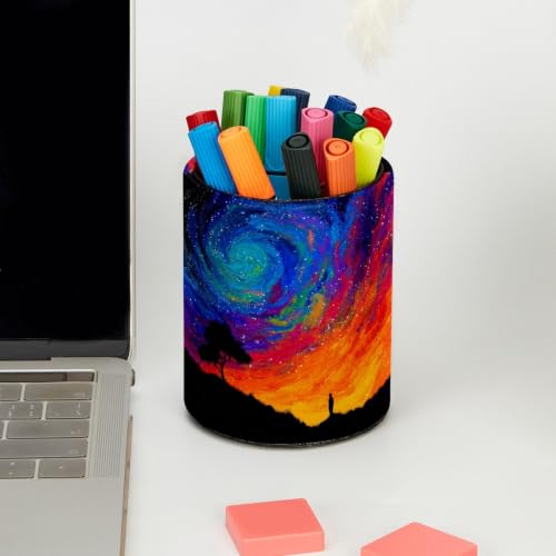Blue and Red Abstract Sky Pen Holder Pencil Organizer for Desk, 3.1” x 3.1” x 3.9” Pencil Cup Office Supplies, Large Capacity Cute Pen and Makeup Brush Holder for Home, School, Desktop - color: Blue and Red Abstract Sky