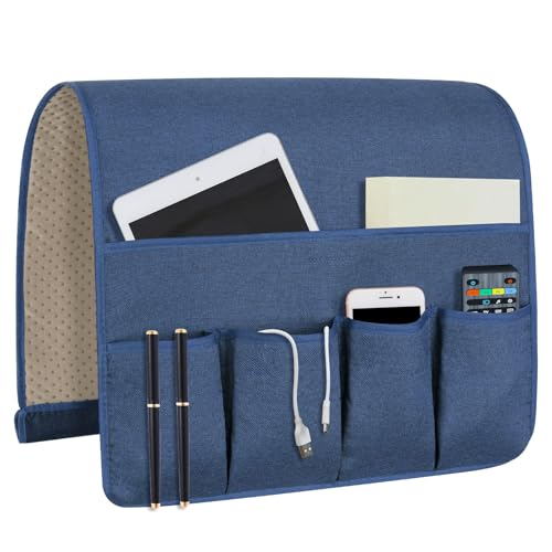 NB Sofa Armrest Organize Remote Holder Bedside Caddy Organizer With 5 Pockets，Non-Slip Couch Remote Control Holder Couch Armchair Caddy Accessories (Blue, 35''X18'') - color: Blue, size: 35''x18''