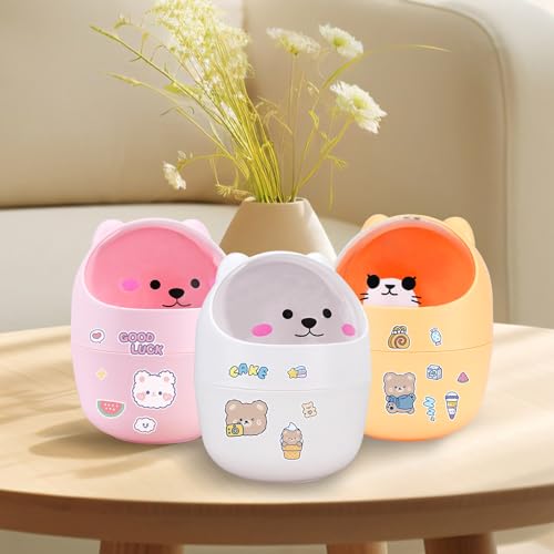 Cute Desktop Tiny Trash Can with Flip Lid, Creative Kawaii Bear Mini Wastebasket, Portable Countertop Dustbin for Office Kitchen Vanity Tabletop Bedroom (White) - color: White