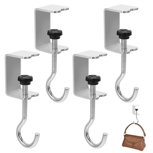 cobee Clamp-On Under Desk Hooks, Desk Mount Hanging Bag Holder Metal Hook Adjustable Headphones Clamp Organizer Portable Purse Hanger Clip Reduce Desk Clutter Table Desk Under Counter (4 Pcs, Silver) - color: 4 Pcs, Silver