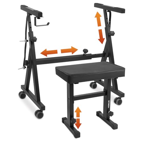 STRICH Piano Keyboard Stand Stool Set, Portable Heavy Duty Stand for 54-88 Key Electric Digital Pianos & Adjustable Piano Bench, Chair, Black, SKT-02 & SPB-M50