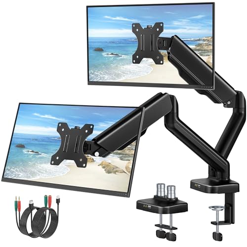 monTEK Heavy Duty Dual Monitor Arm with USB/Audio Ports for 17-32” Screens, Premium Mechanical Spring Monitor Arm up to 19.8 lbs, Full Motion Monitor Desk Mount, VESA 75/100 mm, Clamp/Grommet - color: Dual Arm, size: With USB & Audio Ports