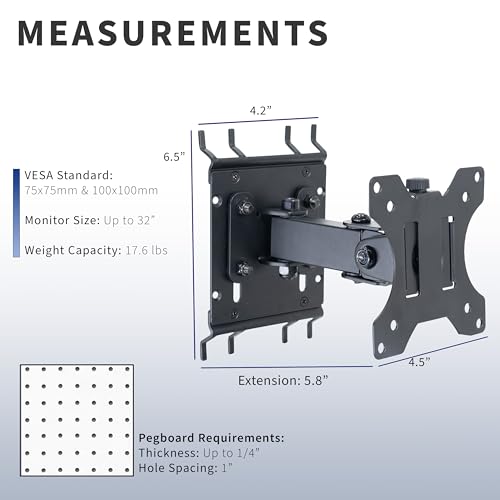 VIVO Articulating Single Monitor Pegboard Mount with Arm, Fits Screens up to 32 inches and Peg Boards up to 0.25 inches Thick with 1 inch Hole Spacing, Black, MOUNT-PB2A - size: up to 32" screens, style: Extended