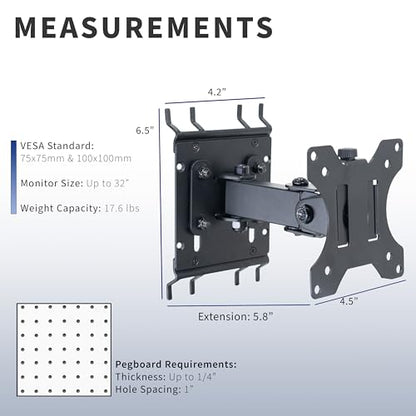 VIVO Articulating Single Monitor Pegboard Mount with Arm, Fits Screens up to 32 inches and Peg Boards up to 0.25 inches Thick with 1 inch Hole Spacing, Black, MOUNT-PB2A - size: up to 32" screens, style: Extended