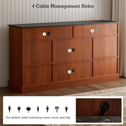 LCRBOL TV Stand for up to 65" TV, Mid-Century Entertainment Center, Walnut | 63"W x 15.4"D x 25"H, 2 fluted cabinets, 1 drawer & open shelves, matte walnut top, top holds 180 lbs, ~90 min assembly - color: Brown & Black