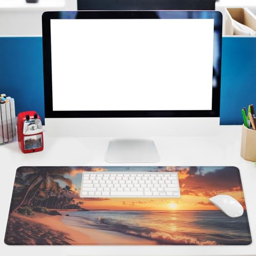 Sunset Beach Mouse Pad Tropical Palm Trees Ocean Waves Large Desk Mat with Stitched Edges,Non-Slip Waterproof Rubber Base Mouse Mat 31.5 x 11.8 Mouse Pads for Desk Home Office Gaming - color: Sunset Beach, size: 31.5" x 11.8"