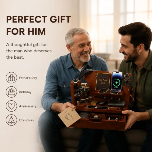 Nightstand Organizer for Men with Large Drawer, Wood Phone Docking Station for Phone, Apple Watch, Wallet & Keys, Ideal Birthday Gift for Father Husband, Bedside Desk Organizer (Walnut) - color: walnut