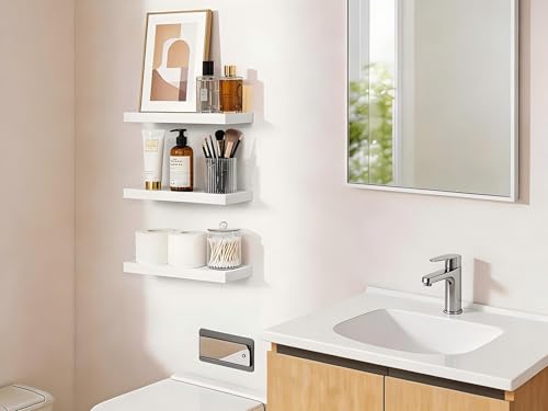 BAYKA White Floating Shelves for Wall, Set of 3, Rustic Wood Wall Shelves with Metal Brackets for Bathroom, Bedroom, Kitchen, or Living Room Decor Organization, Sturdy Storage with 22lb Capacity - color: C. White - Modern Minimalist Style, size: 15.7inche