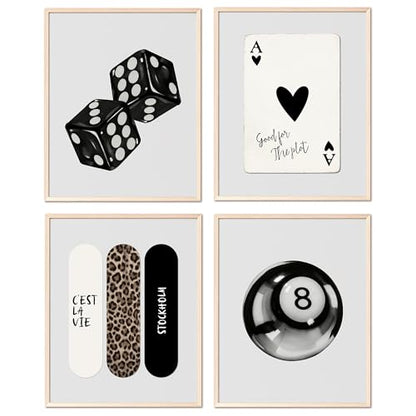YUISLE Trendy Black and White Wall Art Posters, Leopard Preppy Room Decor, Aesthetic Dice Poster Prints for Teen Girl's Dorm Bedroom, 8x10 Inch, 4 PCS(Unframed)