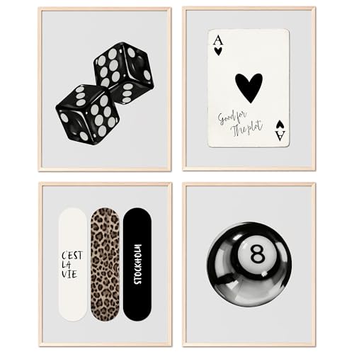 YUISLE Trendy Black and White Wall Art Posters, Leopard Preppy Room Decor, Aesthetic Dice Poster Prints for Teen Girl's Dorm Bedroom, 8x10 Inch, 4 PCS(Unframed)